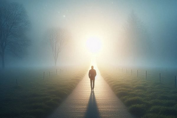 Uma imagem simples e realista de um homem caminhando por um caminho sereno, com uma luz no final do caminho, sem luzes celestiais ou elementos sobrenaturais. Sem legenda na foto.