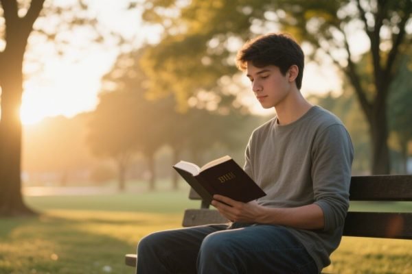 Um jovem lendo a biblia em um parque com um pôr do sol lindo